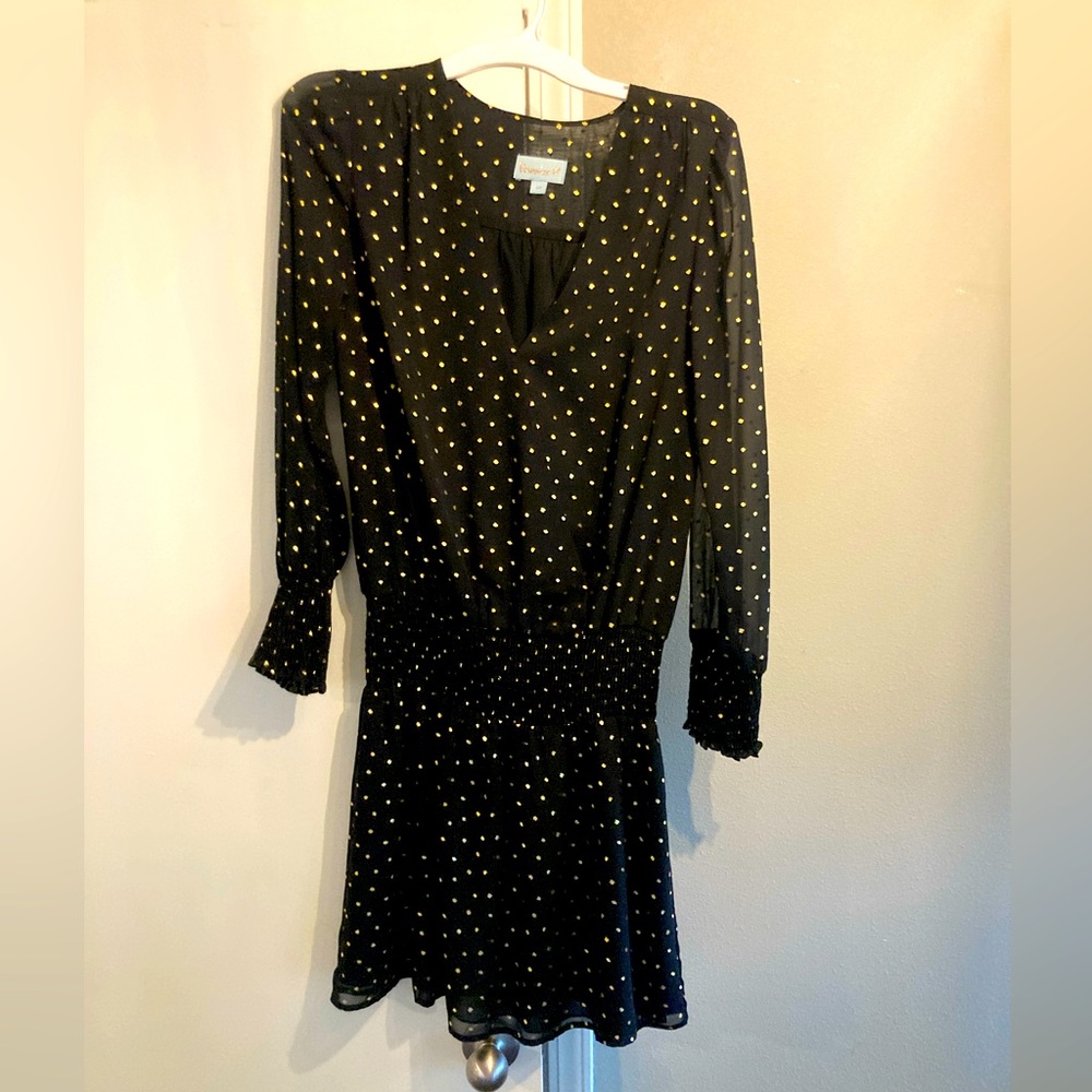 Veronica M Black dress with Smocked Waist and Gold Foil Detail